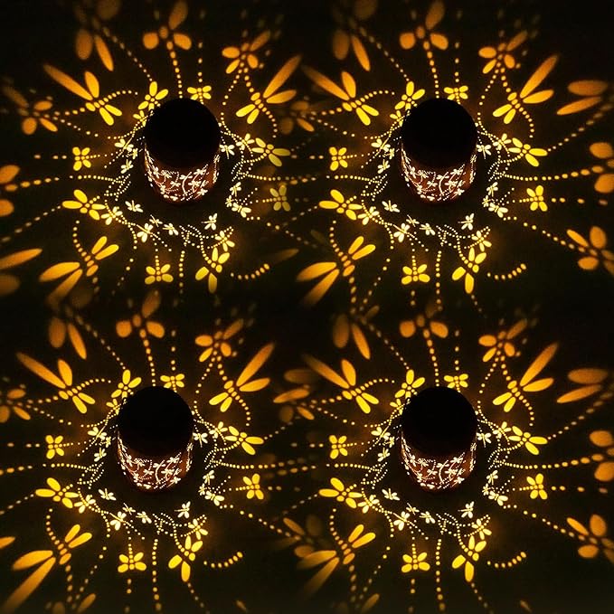 4 Pack Dragonfly Birthday Gifts for Women Mom Grandma Solar Lanterns Outdoor Waterproof Garden Decor Metal Hanging LED Decorative Light for Patio Yard Lawn Backyard Front Porch Gardening Gifts