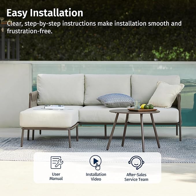 EAST OAK 3-Piece Patio Furniture Set | Life Chatter 4-Seat Outdoor Furniture | Sectional Sofa Set with Round Coffee Table | Deep Seating Sofa with Thick & Washable Cushions | Chestnut & Apricot