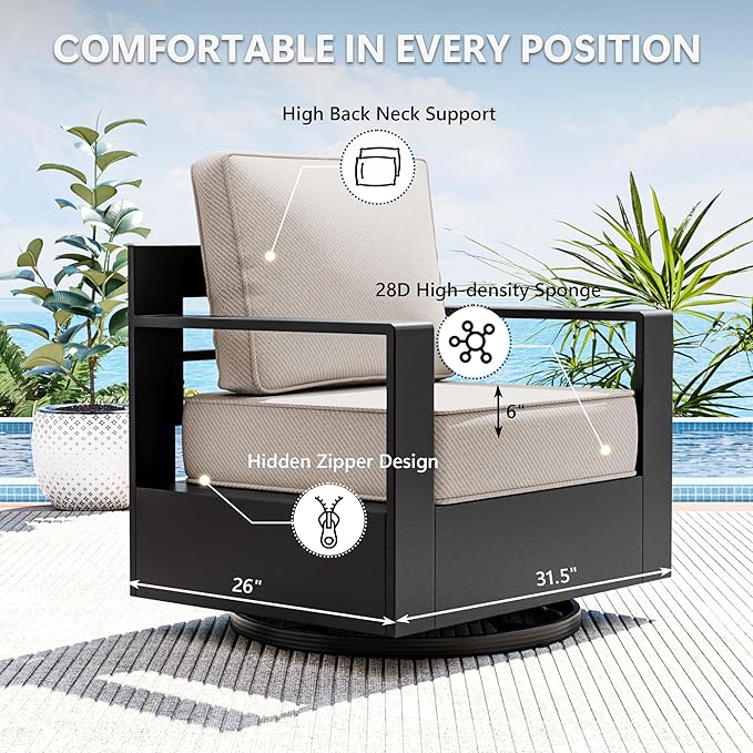 Aluminum Outdoor Swivel Rocker Patio Chairs Set of 2, All-Weather Metal Outdoor Chair with 6 Inch Thick Cushions, Deep Setting for Garden, Outside and Porch