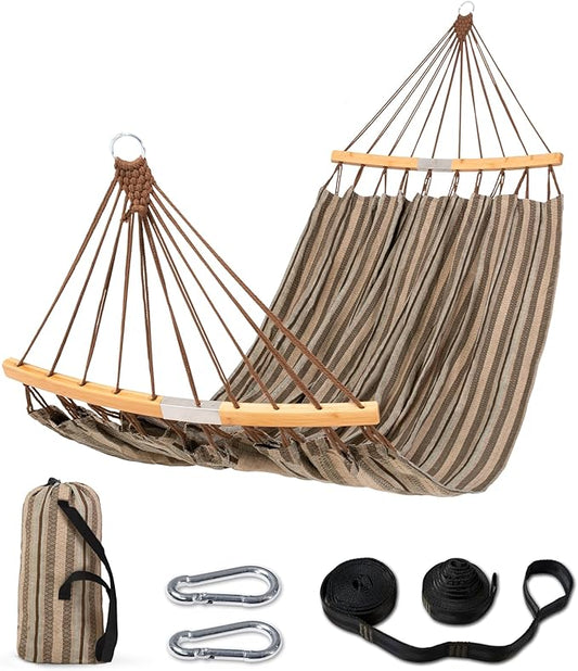 SUNCREAT Hammocks Double Hammock with Curved Spreader Bar, Outdoor Camping Portable Hammock with Carrying Bag & Tree Straps for Patio, Backyard, Balcony, Max 450lbs Capacity, Brown