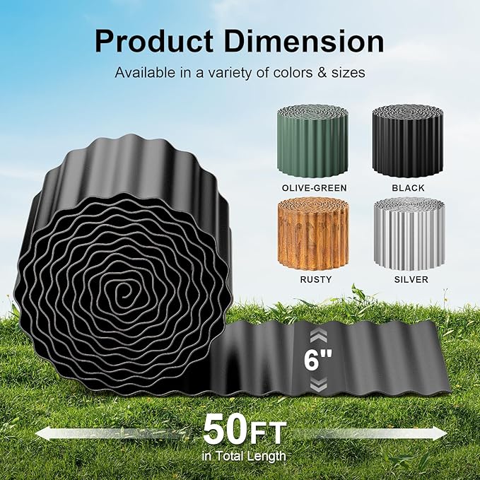 Land Guard Corrugated Garden Edging Border, 6"×50' Landscape Paver Edging, Tall Landscape Edging, Fence for Garden, Flower Bed, Lawn and Landscape Edging (Black)