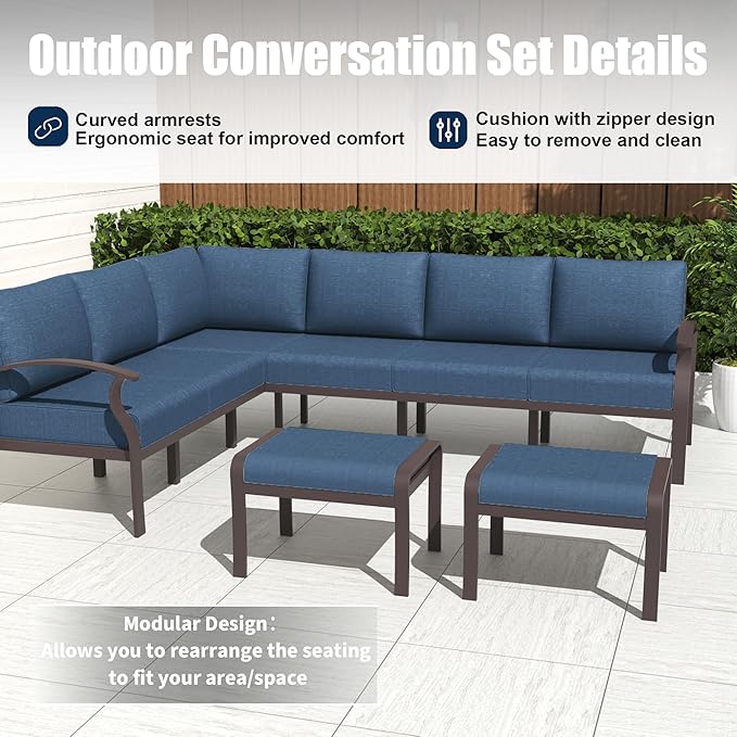Kurapika Patio Furniture Set 8-Piece Aluminum Sectional Sofa with Armrest, Modern Outdoor Conversation Set, Metal Corner Sofa with Ottoman, Navy Blue