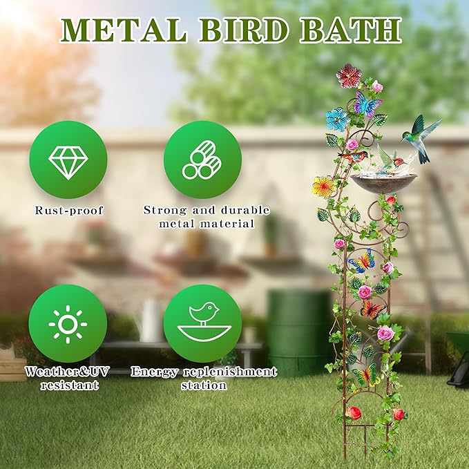 57” Bird Bath with Garden Trellis for Climbing Plants Outdoor, Small Decorative Metal Birdbath Bird Baths, Butterfly (Butterfly)