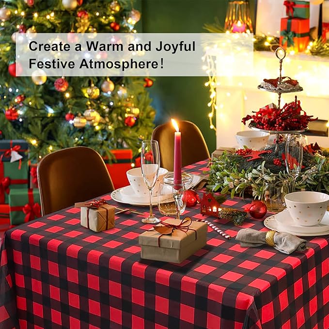 6 Pack Red and Black Checkered Tablecloth, Red Plastic Table Cloths for Parties Disposable, 54 x 108 inch Waterproof Red and Black Gingham Camping Tablecloth for Birthday, Party, Christmas