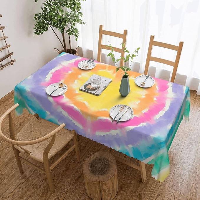 Colorful Rainbow Tie Dye Heart Table Cloth for Dining Tables, Colored Heart Rectangle Tablecloths Home Kitchen Tabletop Decoration Reusable Table Cover for Holiday,Party,Picnic, 54x72Inch