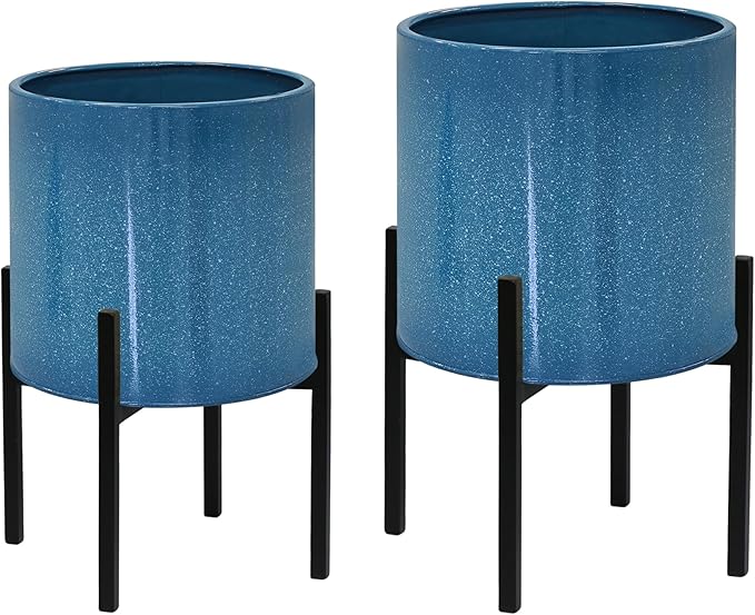 ARNIS Modern Plant Pots, Set of 2 Large Planters with Stand, Decorative Planters, Metal Pots with Drainage Holes for Living Room, Office, Garden or Balcony, 8.25 &10.5 Inch, Blue