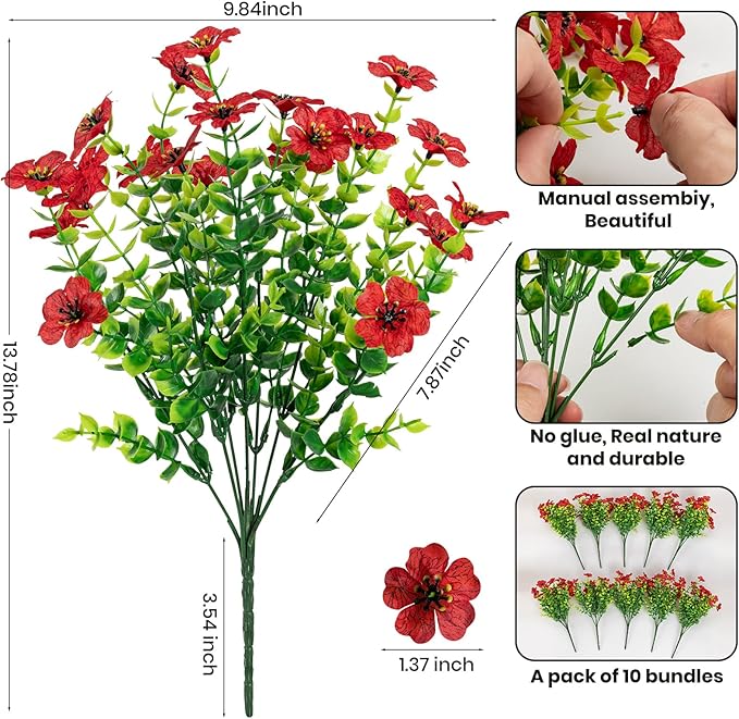 10 Bundles Artificial Faux Flowers for Outdoor,10Pcs Fake Flowers for Home Decor,Plastic Flowers Shrubs Lifelike Artificial Greenery Home Porch Stems Outside Decor(Red)