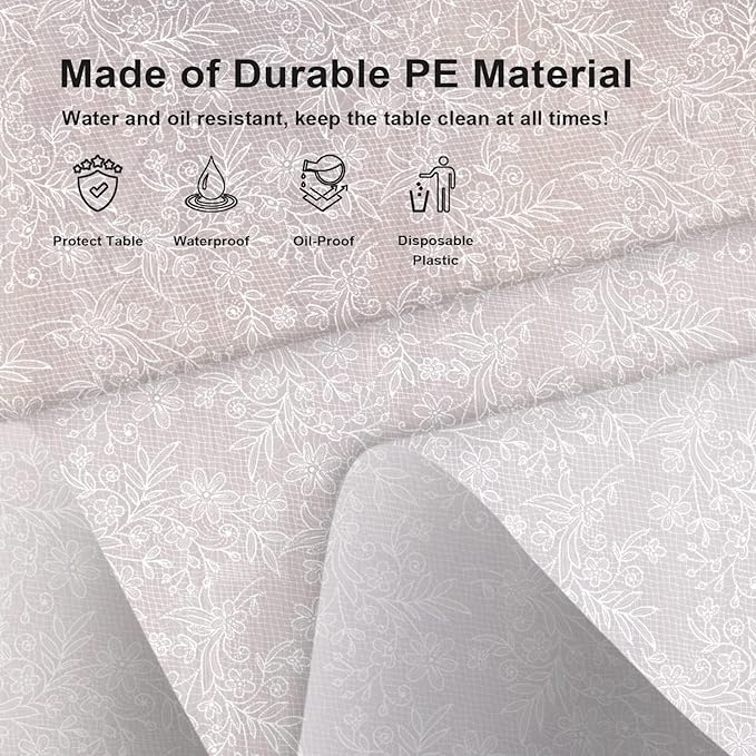 2 Pack Plastic Lace Tablecloth, White Plastic Table Cloths for Parties Disposable, 54x108 in Waterproof Rectangular Plastic Lace Camping Tablecloth for Birthday, Party, Wedding