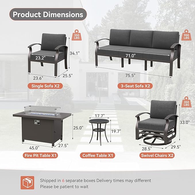 Kurapika Aluminum Patio Furniture Set 10-Seat Modern Metal Outdoor Conversation Sets w/45in Propane Fire Pit Table, Swivel Rocking Chairs Patio Sectional Sofa w/5.1 Inch Cushion, Black