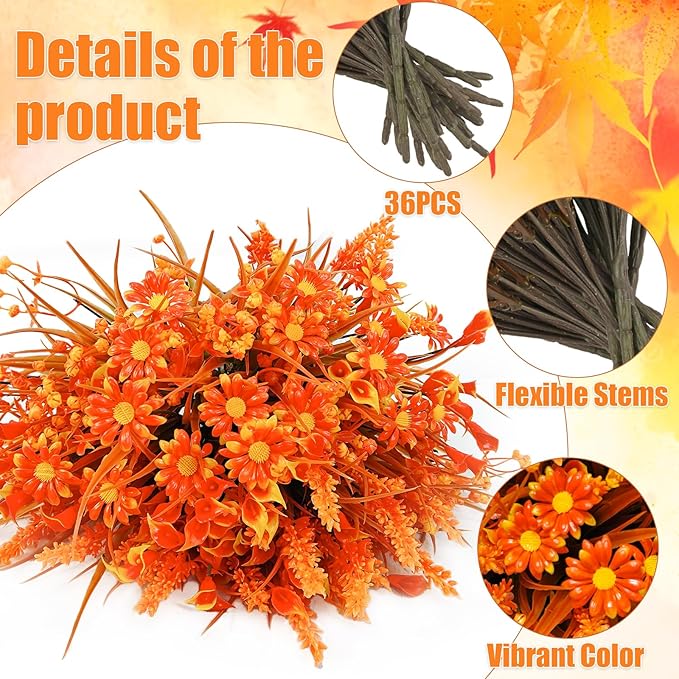 36 Bundles Artificial Fall Flowers for Outdoor UV Resistant Faux Plastic Plants Fake Flowers Greenery Shrubs for Autumn Patio Window Box Kitchen Indoor Outdoor Decor