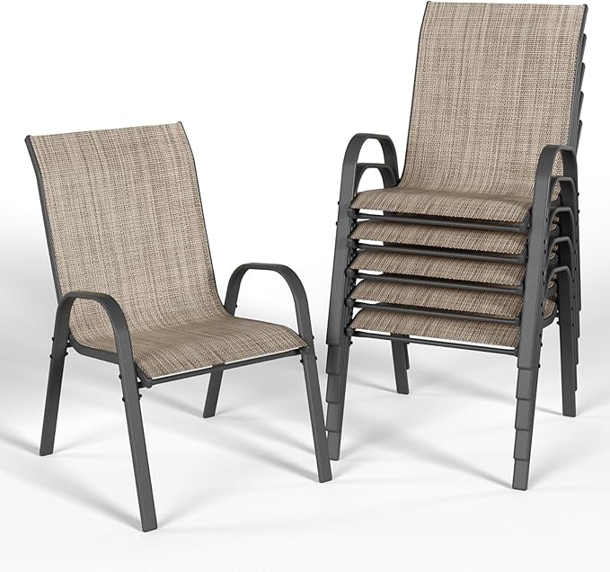 Patio Dining Chair Set of 6, Outdoor Stackable Dining Chairs High Back for All Weather, Patio Furniture for Backyard, Porch, Garden, Pool Deck (Brown)