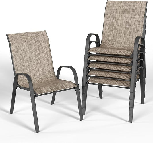 Patio Dining Chair Set of 6, Outdoor Stackable Dining Chairs High Back for All Weather, Patio Furniture for Backyard, Porch, Garden, Pool Deck (Brown)