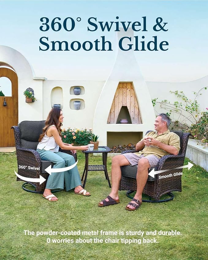 HILLGA Luxury Patio Furniture Set with 6-Inch Thick Cushions, High Back Outdoor Swivel Rocker Chairs and Table, 3-Piece All Weather Conversation Set for Porch Deck Balcony Yard, Dark Grey (V3)