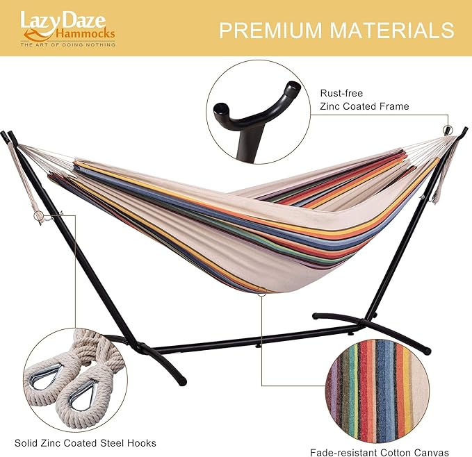 Lazy Daze Hammocks Double Hammock with 9ft Space-Saving Steel Stand Includes Portable Carrying Case, 450 Pounds Capacity (Tan Stripe)
