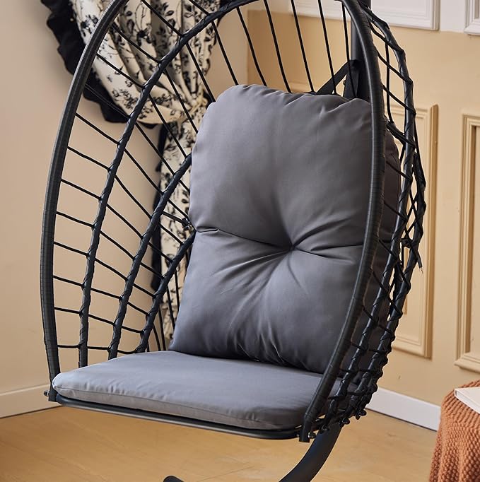 Indoor/Outdoor Egg Hanging Chair with Stand - Patio Wicker Swing Hammock Chair. 350lbs Capacity, Cushioned. Ideal for Bedroom, Balcony, Porch, Garden. Versatile Swing Chair for All Spaces