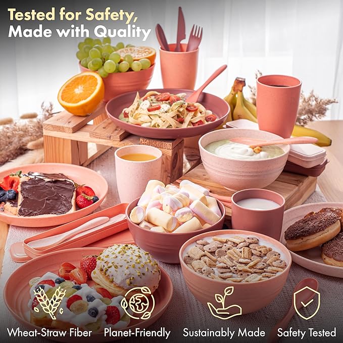FOODLE Wheat Straw Dinnerware Set - BPA Free & Safety Tested - Unbreakable, Microwave & Dishwasher Safe Dishes - Toddler & Kids Plates and Bowls Sets - College Dorm Room Essentials for Girls - For 4