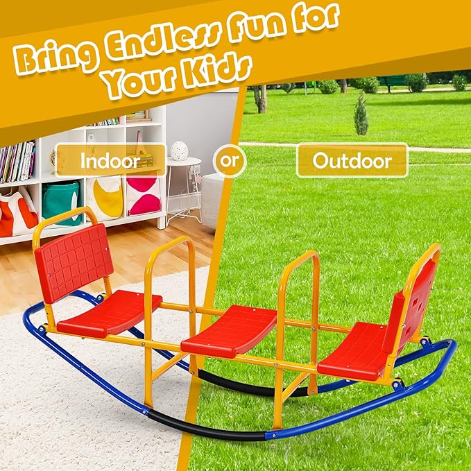 Costzon Teeter Totter Seesaw for Kids Outdoor, 2 in 1 Metal Rocking Seesaw for Toddlers with Easy-Grip Handles, Indoor Outdoor Rocker Toy Gifts for Ages 3-8, 1-3 Person Home Preschool Backyard See Saw