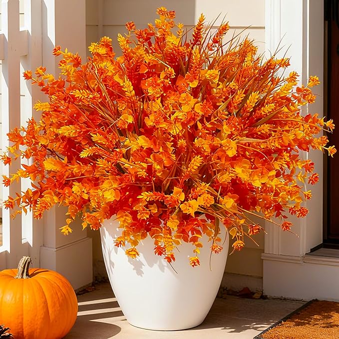 Artificial Faux Fall Mums Flowers Plants for Outdoor Outside, 12 Bundles Fake Autumn Orange Daisy Plastic Shrubs Greenery Realistic UV Resistant for Front Door Porch Patio Balcony Garden Yard Decor