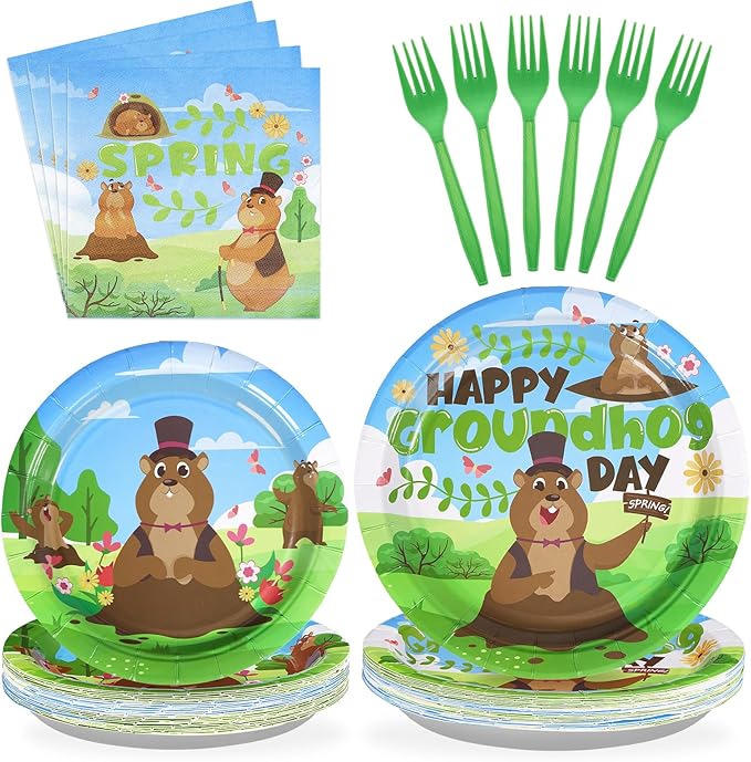 96Pcs Happy Groundhog Day Birthday Party Supplies 350 GSM Groundhog Plates and Napkins Tableware Sets Spring February 2nd Party Decorations for Groundhog Day Themed Baby Shower Party Favor,Servers 24