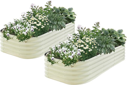 2Pcs 17" Tall Raised Galvanized Steel Garden Bed 8×2 ft Modular Planter for Gardening, Vegetables, Flowers Tall Oval Galvanized Metal 9-in-1 Raised Garden Beds Outdoor (Ivory White)