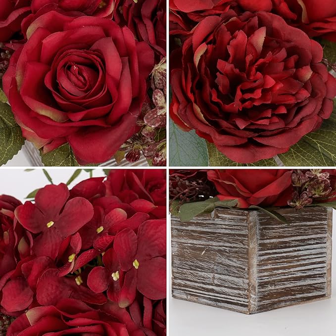 Flower Arrangement with Wooden Vase 8" Artificial Flowers in Pot - Fake Flowers Roses Peonies Hydrangeas in Wooden Vase Potted Artificial Flower Centerpieces for Table Decor Living Room - Red