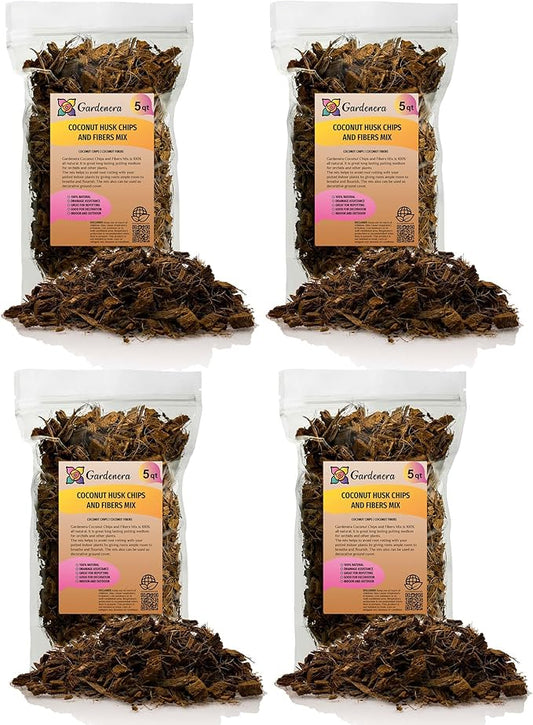 Premium Coconut Husk Chips and Fibers Mix for Orchids - 20 Quart - Houseplant, Monstera and Fiddle Leaf Fig by GARDENERA (4 Bags of 5 Quart)