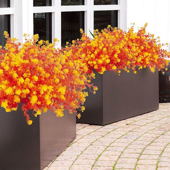 12 Bundles Artificial Fall Flowers for Outdoors, Artificial Plants UV Resistant Fall Fake Mums Plants for Outside Halloween Christmas Porch Decoration ecorations (Fall Orange)