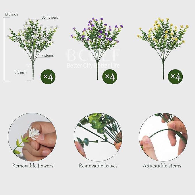 Artificial Flowers for Outdoors, 12 Bundles UV Resistant Realistic Faux Plants for Outside Porch Planter, Spring Summer Home Garden Decoration