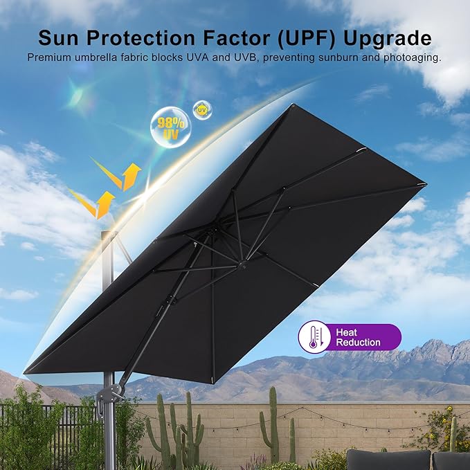 PURPLE LEAF 8 FT Outdoor Umbrella with Base Patio Cantilever Aluminum Umbrella with 3 Years Fade Resistance Recycled Fabric Offset Square with 360-degree Rotation for Deck Pool Garden, Graphite Grey