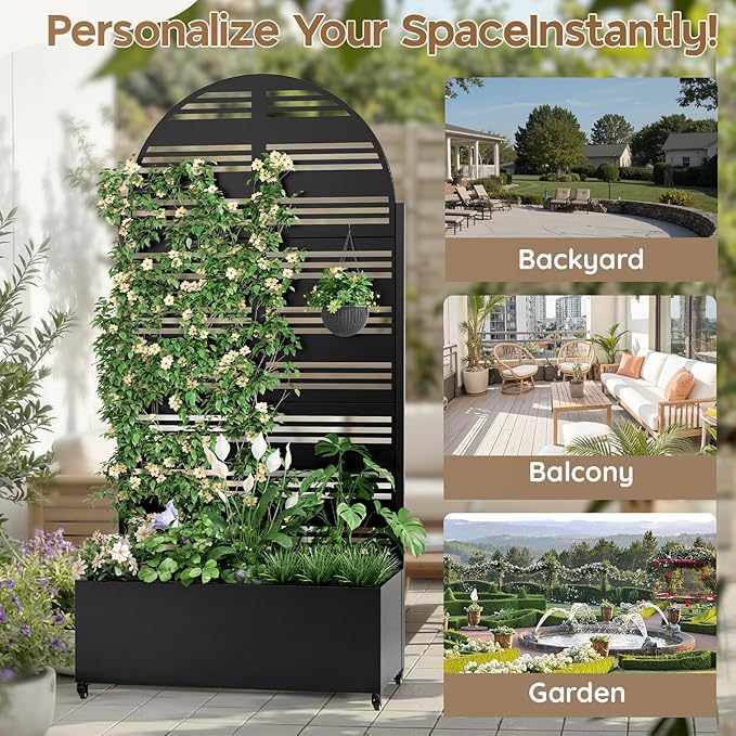 Metal Raised Garden Bed with Trellis & Wheels,70" x 35"x 15.7" Planter Box with Trellis,Privacy Planters for Patio,Garden Bed for Climbing Plants,Suitable for Climbing Plants and Vegetables,Black