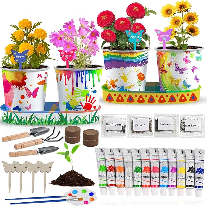4 Pcs Kids Plant Growing Kit | Kids Gardening Set Crafts for Girls 8-12 | Kid Crafts Ages 4-8, Flower Making Art Kit for Kid 6-9, Plant Growing Set with 4 Zinc Pots, 12 Colors 9ml Paints Girl Gift