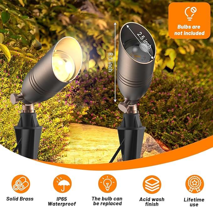 ZONEGRACE Solid Brass 12V Low Voltage Landscape Lighting,Heavy-Duty Waterproof Outdoor LED Spotlights Fixtures with Connectors, Bronze Uplights & Accent Lights,MR16 Bulb Not Included (Classic,6 Pack)