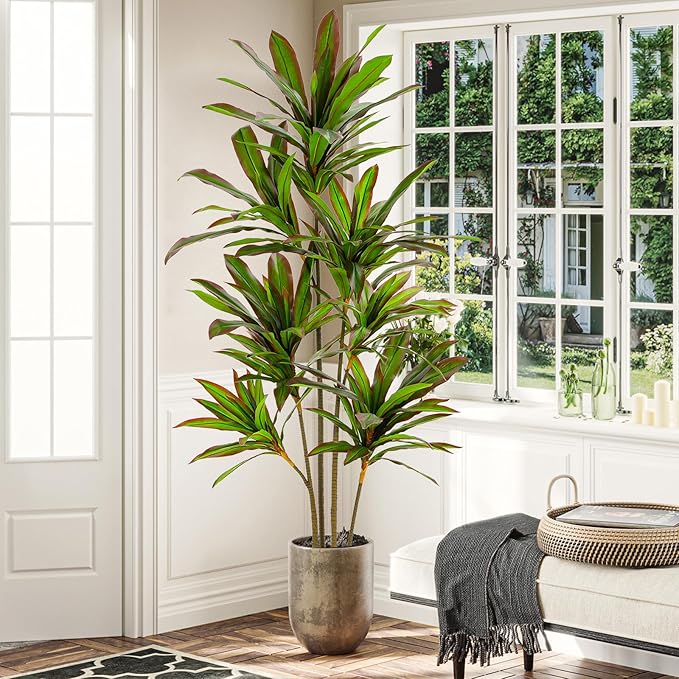 VIAGDO Dracaena Silk Plant Artificial 6ft Faux House Plants with Red Leaf Margin Fake Yucca Palm Trees in Pot Realistic Dragon Tree for Living Room Home Office Decor Indoor Outdoor