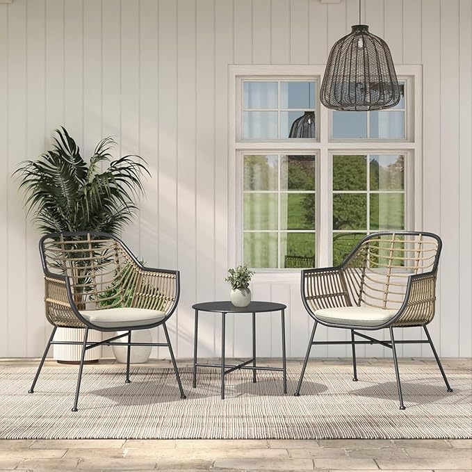 Grand patio 3-Piece Patio Furniture Set, Outdoor Wicker Patio Conversation Seating Chair with Cushions and Coffee Table, Boho Seating Chat Set for Indoor Outdoor, Balcony, Porch, Garden, Deck