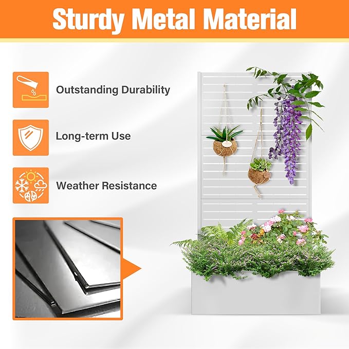 Metal Planter Box with Trellis, Raised Garder Bed with Drainage Hole, Privacy Screen & Trellis for Climbing Plants, Outdoor Plant Stands, 35''L×16''W×71''H, White