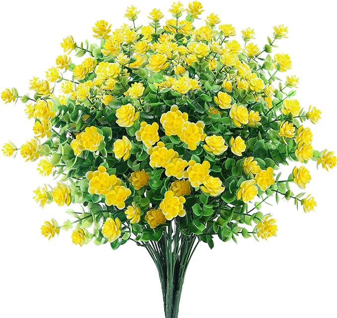 GREENRAIN Artificial Flowers Outdoor Fake Flowers for Decoration UV Resistant No Fade Faux Plastic Plants Garden Porch Window Box Décor (6 Bundles, 2#Yellow)