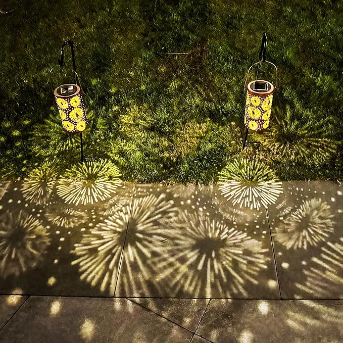 2 Pack Fireworks Birthday Gifts for Women Mom Grandma Solar Lanterns Outdoor Waterproof Garden Decor Metal Hanging LED Decorative Light for Patio Yard Lawn Backyard Front Porch Gardening Gifts