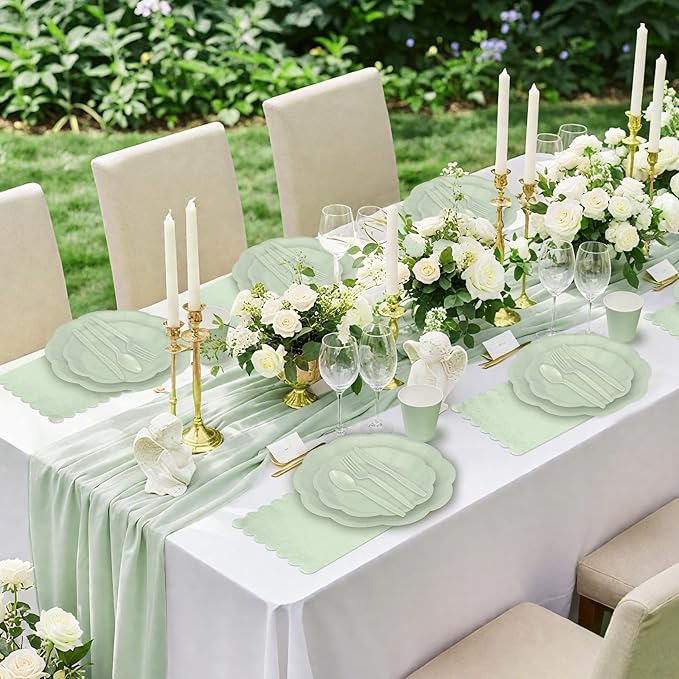 350 Pcs Sage Green Party Supplies Include Scalloped Plate Napkin Cup Forks Knives, Plastic Cutlery 50 Guest Disposable Party Tableware Set for Wedding Baby Shower Bridal Shower Birthday Parties