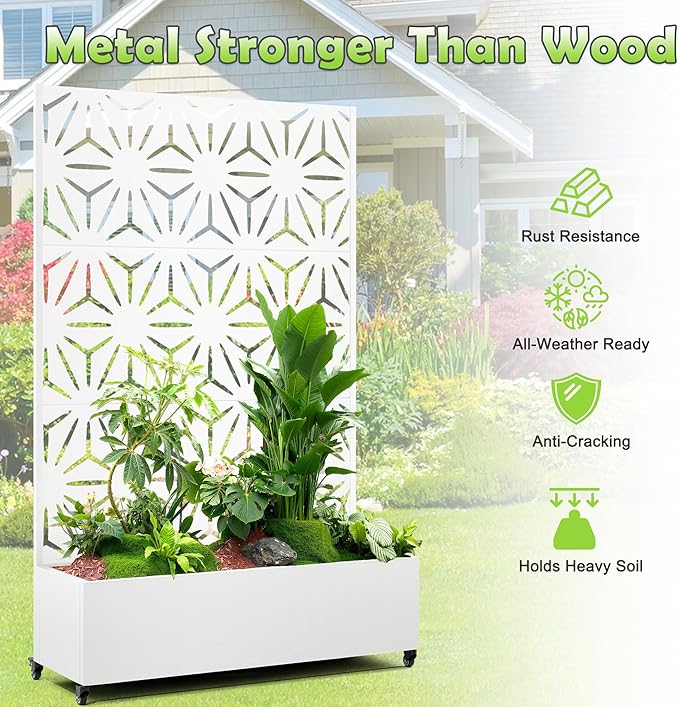 15.7"×70.9"×47.2" Metal Raised Garden Bed with Trellis and Wheels - Tall Trellis Planter Box for Climbing Plants, Vegetables & Vines - Outdoor Privacy Planters for Patio (White-Star)