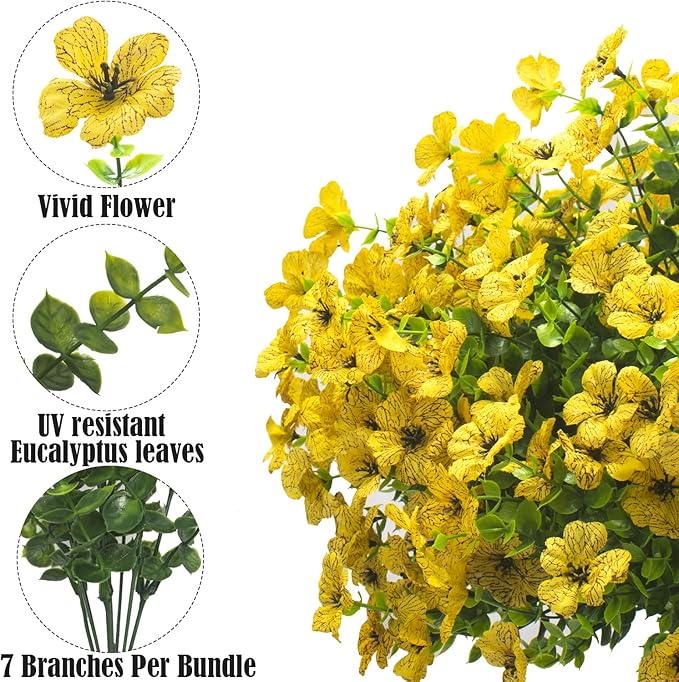 Artificial Fake Flowers for Outdoor Spring Decoration, 16 Bundles Faux Silk Colorful Daisy UV Resistant Realistic for Outside Porch Patio Home Yard Garden Planters Pots Window Box (Yellow)