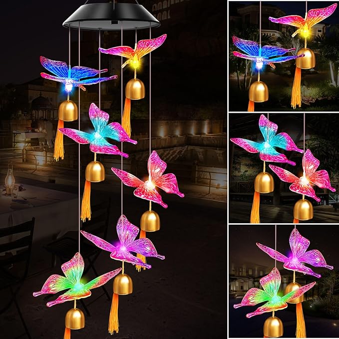 Solar Wind Chimes Outdoor Color Changing Lights, Gift for Women Mom Grandma Sister Best Gifts, Wind Chimes Unique Outdoor Garden Yard Decor (Purple Butterfly Bell)