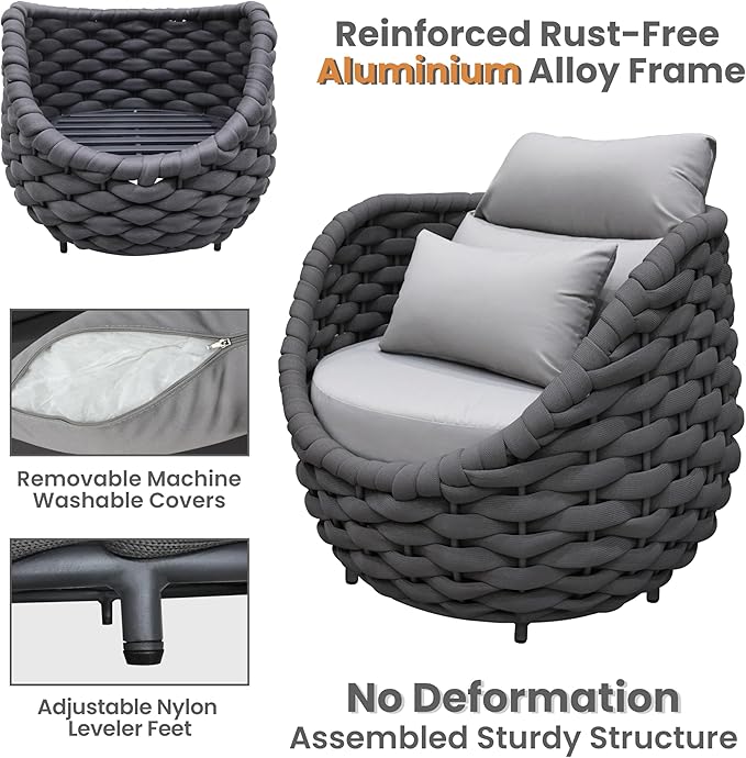 6 PCS Patio Rope Armchair: Aluminum Woven Accent Chair - Cushioned Lounge Chair with Arms - Modern Garden Chair Assembled - All Weather 400lbs Outdoor Seating Porch Furniture Deck Balcony Hotel
