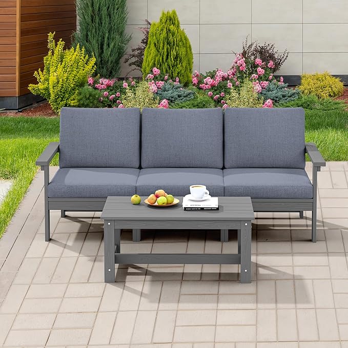 SERWALL HDPE Patio Sofa Set, 4-Piece Sectional Outdoor Furniture Set, All Weather Outdoor Couch Set Patio Furniture Set for Deck, Lawn, Grey Frame with Grey Cushion