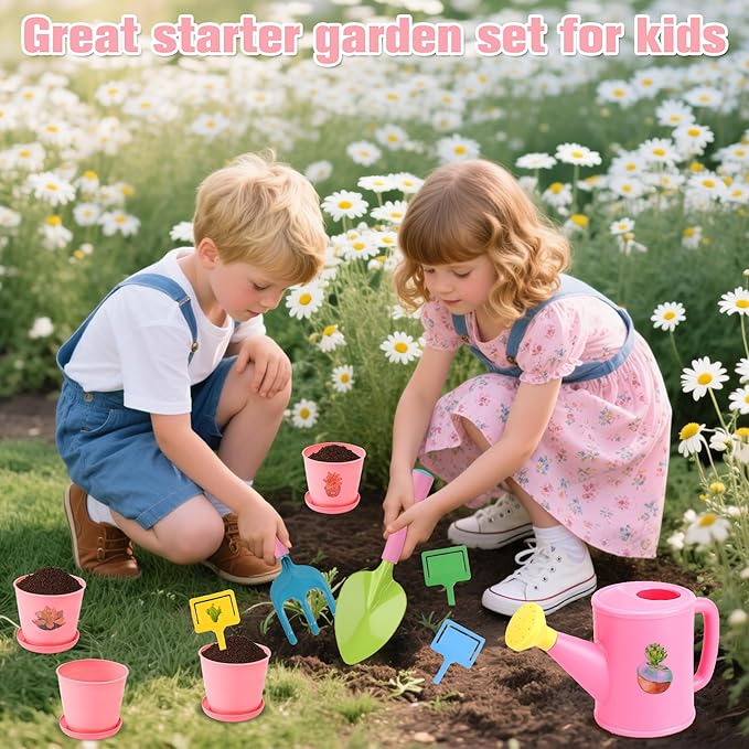 Kids Gardening Tools Set with Tote Bag – 13Pcs Garden Toy Kit for Toddlers, Includes Metal Shovel, Rake, Trowel, Watering Can, Gloves, Pots, Apron, DIY Bookmark & 3D Garden Stickers