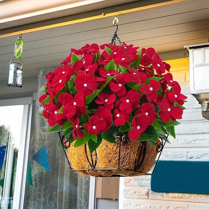 4 Pcs Artificial Flowers Impatiens Bouquet for Outdoors Silk Flowers UV Resistant Faux Impatiens Red Faux Plants for Outside Pot Patio Garden Hanging Basket Porch Decor