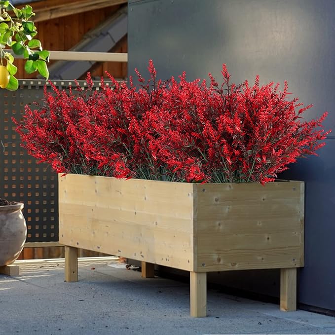 RECUTMS Spring Decoration, Artificial Greenery,36 Pcs Artificial Flowers Outdoors Fake Lavender Plants Indoor UV Resistant Plastic Faux Bouquets for Outdoor Home Garden Porch Decoration(Red)