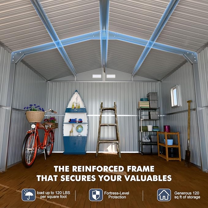 Metal Shed 10x12x7 FT, Sheds Outdoor Storage with Reinforcement, Natural Lighting Tool Sheds with Translucent Roof Panels, Windows, and Lockable Doors, Ideal for Garden, Backyard, and Patio