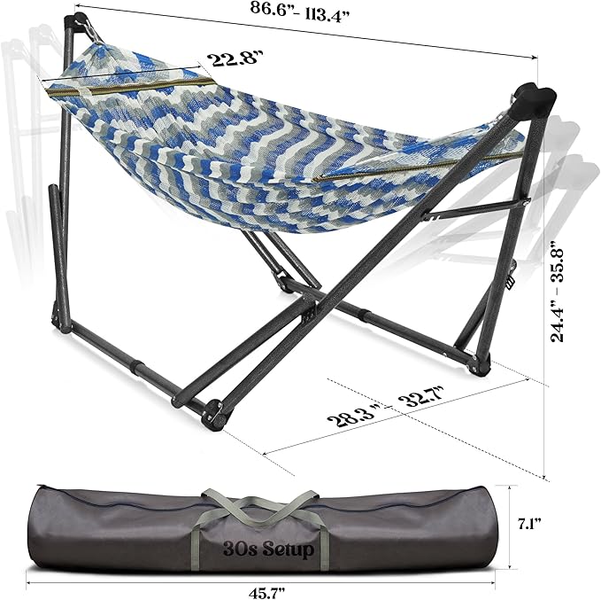Tranquillo Uniki 550 lbs Capacity Double Hammock Stand, Adjustable, Collapsible Camping Hammock and Stand, Signature Steel Stand Breathable Polyester Hammock Net, Chevron