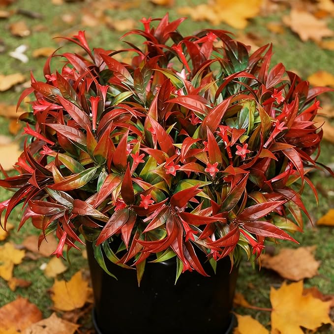 Uieke 12Pcs Artificial Fall Flowers for Outdoors UV Resistant Fake Fall Flowers Plastic Morning Glory Fall Plants Shrubs for Home Outside Window Box Planter Fall Décor (Autumn Red)