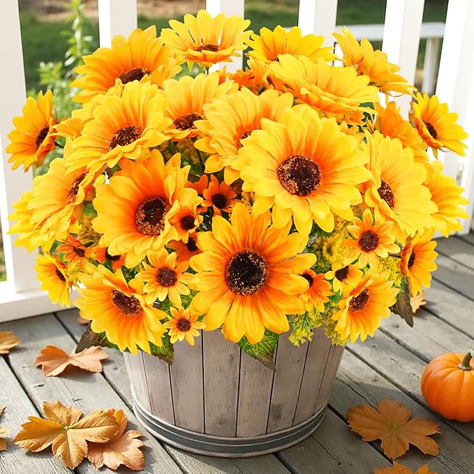 Uieke 4PCS Sunflowers Artificial Flowers, Fake Silk Fall Flowers with 7 Stems for Indoor Outdoor Home Centerpieces Wedding Bouquet Arrangement Office DIY Décor (Orange Yellow)